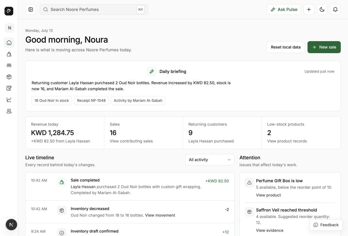 Pulse Home showing a daily briefing, connected metrics, live timeline, and attention items